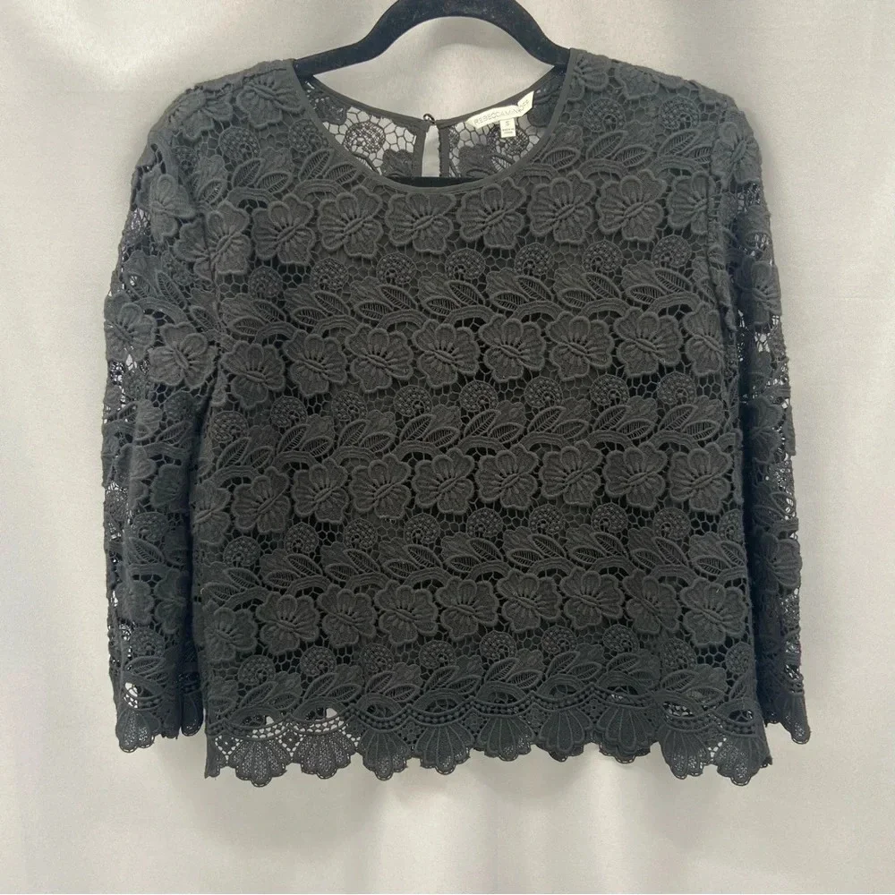 Rebecca‎ Minkoff black lace crochet top Rayna cropped blouse Size Small